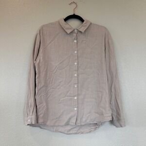 Linen Blend Long Sleeve Button Down Shirt Taupe Beige Minimalist Relaxed Fit